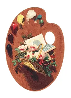 Blob Prints: Basket of flowers on a palette-shaped greetings card