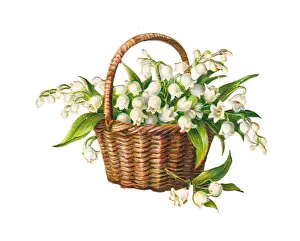 Basket of lilies of the valley on a Victorian scrap