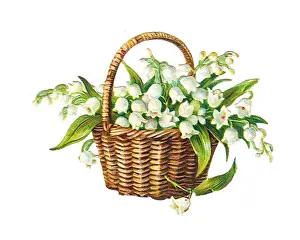 Basket of lilies of the valley on a Victorian scrap