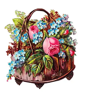 Basket of pink and blue flowers on a Victorian scrap