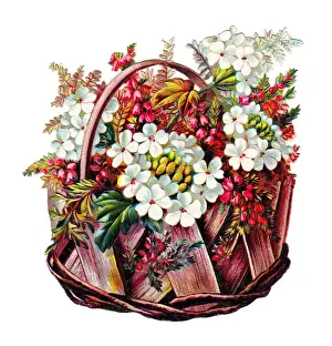 Basket of pink and white flowers on a Victorian scrap