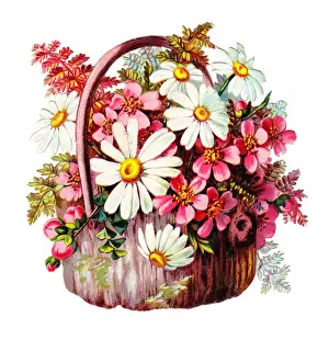 Basket of pink and white flowers on a Victorian scrap