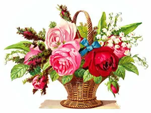 Foliage Gallery: Basket of roses and lily of the valley on a Victorian scrap