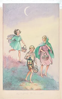 Three with baskets and lantern, waning crescent moon