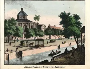 Batavia Prints: Batavia (Jakarta) canal street with Europeans