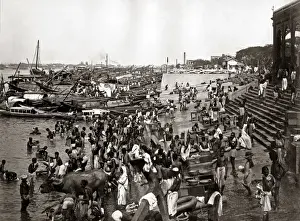 Bathin in a river, India, circa 1880s