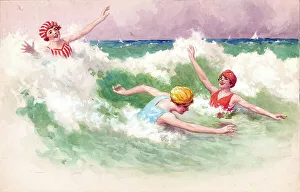 Surf Prints: Bathing girls in surf
