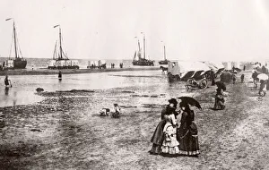 Bathing huts, tourist, on beach, likely Ostend, Belgium