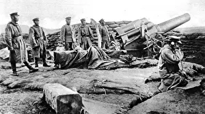 Tsing Prints: In the batteries against Tsing-Tau: A Japanese siege-gun getting the order by telephone to open fire