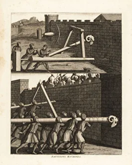 Battering rams attacking castle walls Battering rams attacking castle walls
