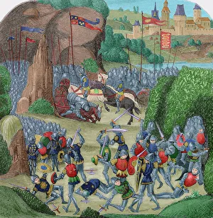 Battle of Otterburn. August 5, 1388. Engraving. Colored