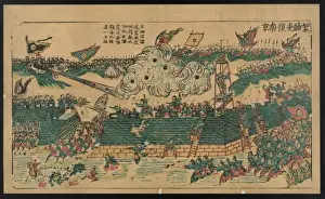 Storming Prints: Battle scene - soldiers storming a fort, engaging troops def