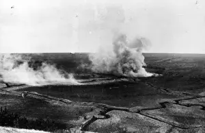 Battlefield with mortar rounds and running soldiers