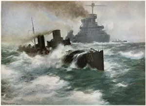 Images Dated 24th June 2021: Battleship and destroyer in a heavy sea. Date: circa 1913