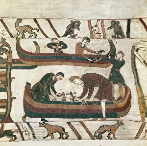 Textiles Collection: Bayeux Tapestry. 1066-1077. Making a boat. Romanesque