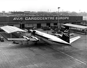 1970 Prints: BEA Vickers Merchantman G-APEO outside the BEA Cargocentre