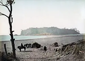 The beach and island at Enoshima, Kanagawa, Japan, circa 188