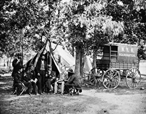 Bealeton, Va. Group at tent and wagon of the New York Herald