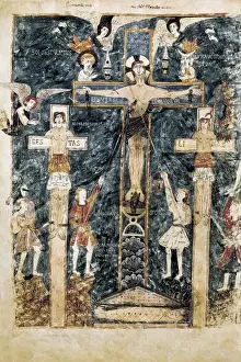 Crucifixion Prints: Beatus of Girona. 976. Fol. 16v, Crucifixion