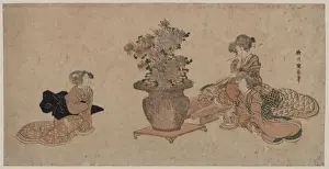 Three beauties admiring an arrangement of rikka flowers