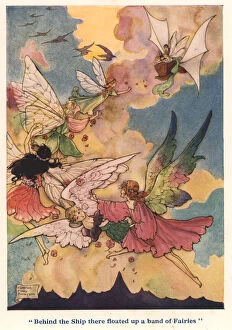 Images Dated 28th June 2019: Beautiful illustration showing a group of rainbow-hued fairies following a ship sailing