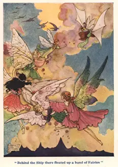 Dream Prints: Beautiful illustration showing a group of rainbow-hued fairies following a ship sailing
