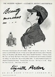 Makeup Prints: Beauty marches on... WWII era advertisement for Elizabeth Arden featuring a woman smartly dressed in uniform