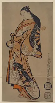 Water Wheels Prints: Beauty wearing a kimono with a pattern of waterwheels in wav