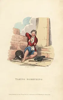 Beggar Prints: Beggar with dog sitting on some stairs, London, Regency era
