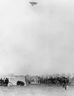 Belgian aeroplane flying over British camp, WW1