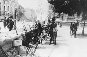 Belgian soldiers in street scene, Belgium, WW1