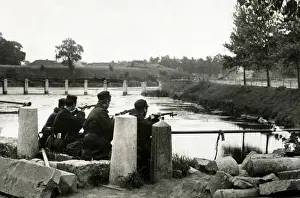 Belgians Prints: Belgians prevent Germans repairing Termonde bridge, WW1