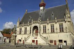 Belgians Prints: BELGIUM. Damme. City Hall and statue of the poet
