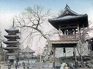 Bell and pagoda, Asakusa, Tokyo, Japan, circa 1880s