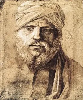 Bellini Prints: BELLINI, Giovanni (1430-1516). Man wearing a