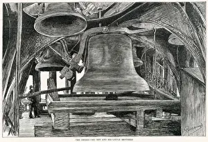 Londons Prints: The bells inside Big Ben and the Clock Tower in Westminster Palace, London. Date: 1887