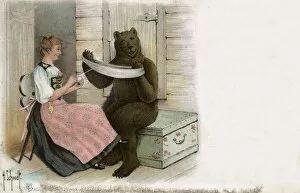Schmidt Collection: The Bern Bear helps a Swiss woman with her yarn winding