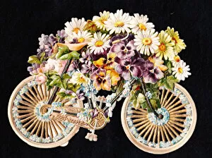 Pansies Gallery: Bicycle covered in flowers on a cutout greetings card