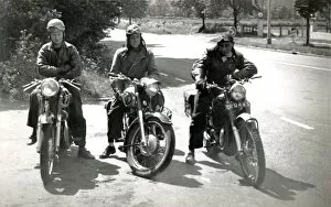 Three bikers on their 1940s/50s Matchless & AJS motorcycles