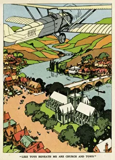Biplanes Prints: Biplane above church and town