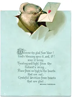 Torn Prints: Bird with envelope on a New Year card