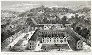 Workshops Prints: Bird s-eye view of the exterior of the new serves porcelain manufactory in the Park of St