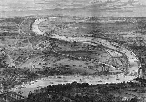 Cambridge Prints: Bird s-eye view of the Oxford and Cambridge boat-race course