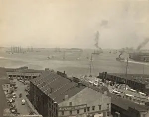 Water Front Prints: Bird s-eye view of waterfront, Boston, Mass