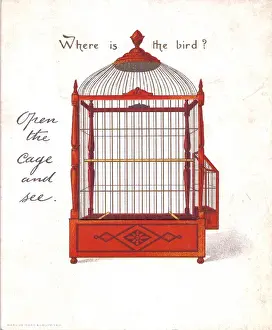 Birdcage Prints: Empty birdcage on a greetings card