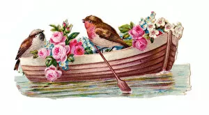 Sparrow Collection: Birds and flowers in a boat on a Victorian scrap
