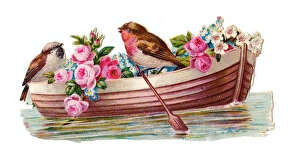 Sparrow Gallery: Birds and flowers in a boat on a Victorian scrap