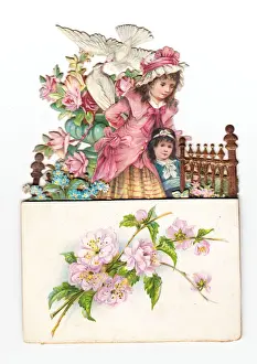 Birds and flowers with two children on a greetings card