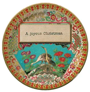 Storks Prints: Birds and flowers on a circular Christmas card