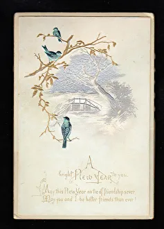 Images Dated 15th May 2018: Birds in a snow scene on a New Year card